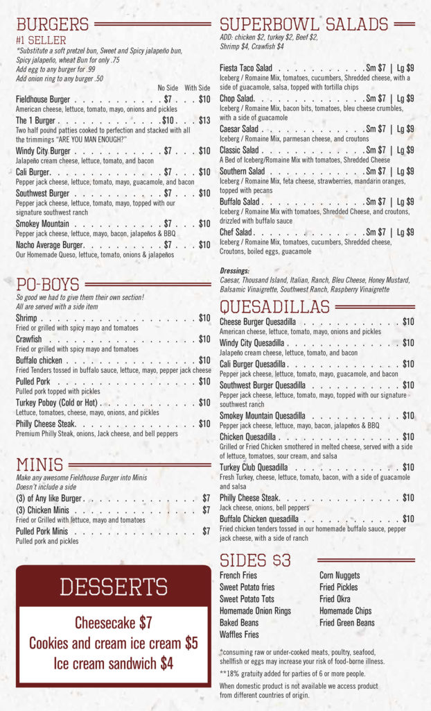 Menu FIELDHOUSE Bar & Grill