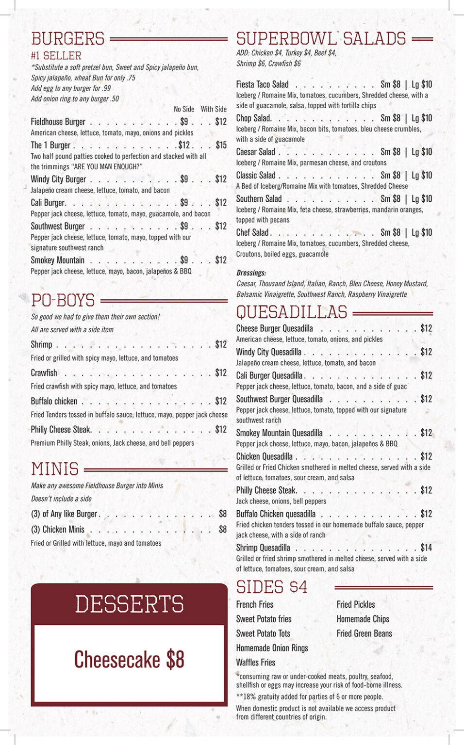 Menu FIELDHOUSE Bar & Grill